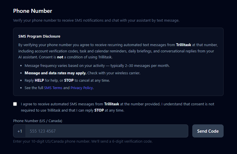 Screenshot of the Trillitask phone number opt-in form inside Settings, showing the SMS Program Disclosure, express consent checkbox, and links to SMS Terms and Privacy Policy directly above the phone input and Send Code button.